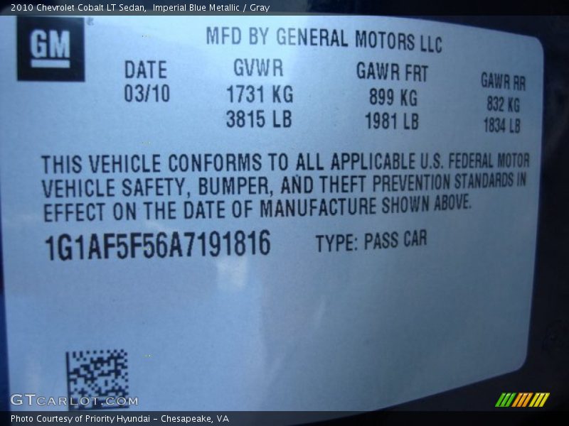 Imperial Blue Metallic / Gray 2010 Chevrolet Cobalt LT Sedan