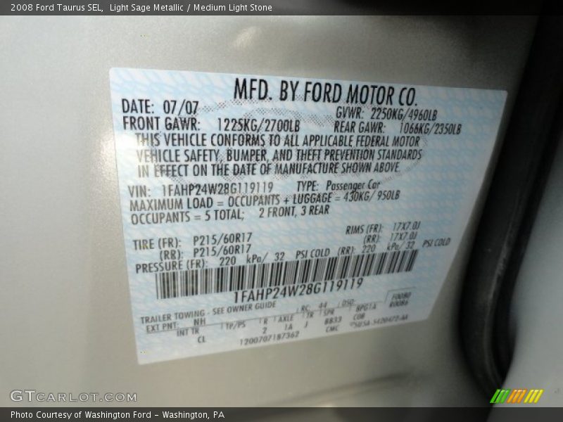 Light Sage Metallic / Medium Light Stone 2008 Ford Taurus SEL
