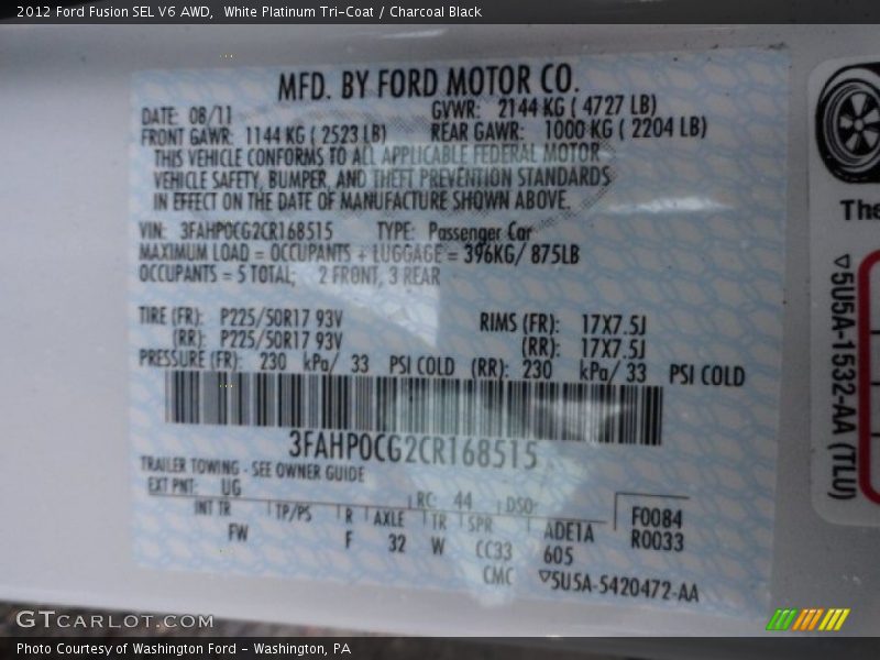 2012 Fusion SEL V6 AWD White Platinum Tri-Coat Color Code UG
