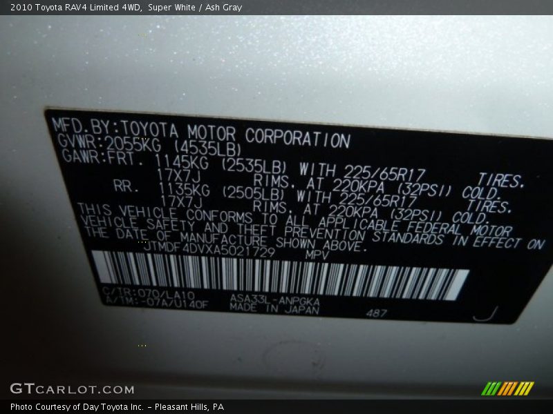 Super White / Ash Gray 2010 Toyota RAV4 Limited 4WD