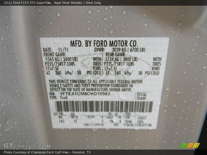 2012 F150 STX SuperCab Ingot Silver Metallic Color Code UX