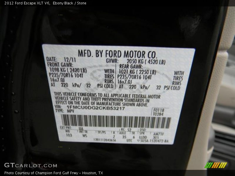 Ebony Black / Stone 2012 Ford Escape XLT V6