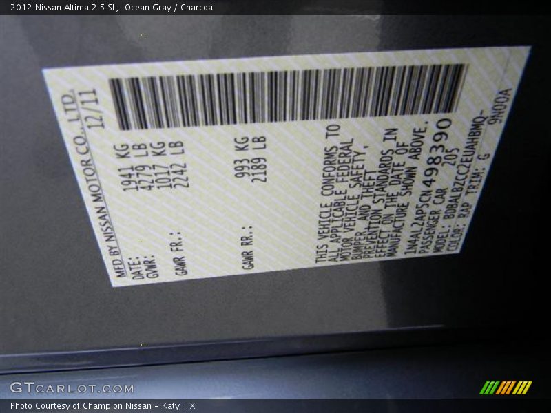 Ocean Gray / Charcoal 2012 Nissan Altima 2.5 SL