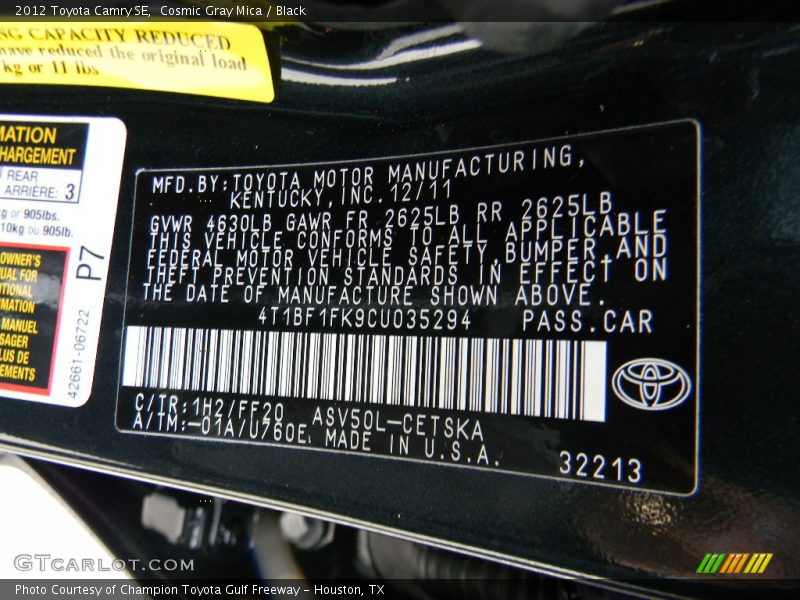 Cosmic Gray Mica / Black 2012 Toyota Camry SE