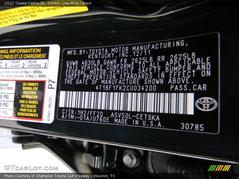 2012 Camry SE Cosmic Gray Mica Color Code 1H2
