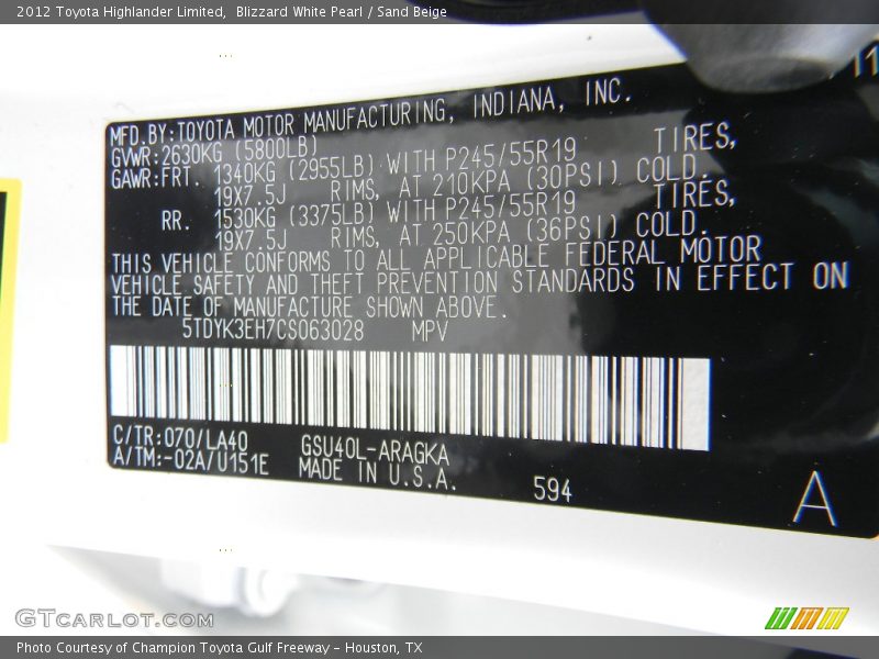 Blizzard White Pearl / Sand Beige 2012 Toyota Highlander Limited