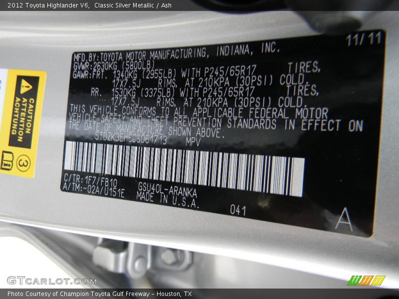 Classic Silver Metallic / Ash 2012 Toyota Highlander V6