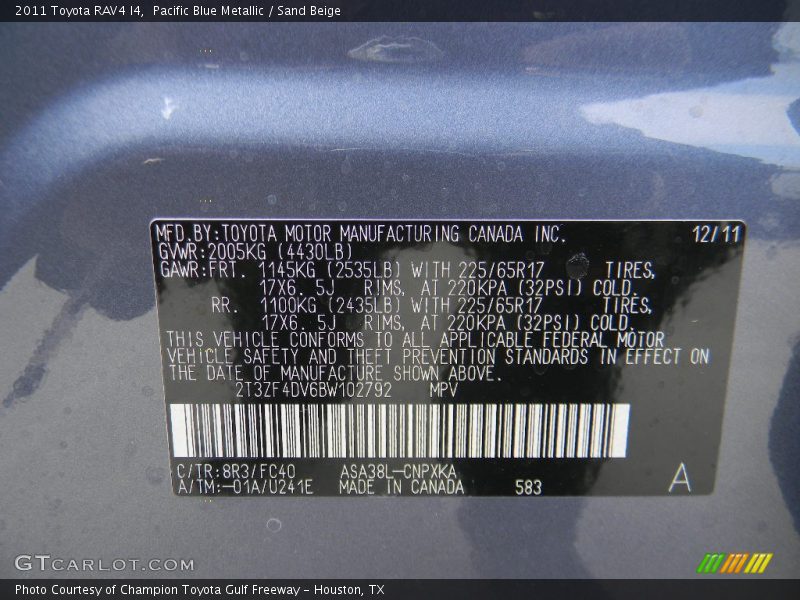 Pacific Blue Metallic / Sand Beige 2011 Toyota RAV4 I4