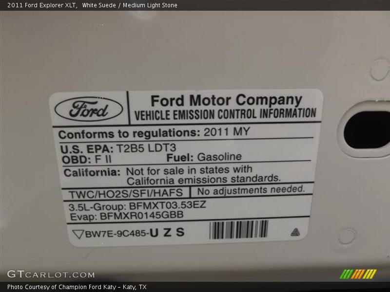 Info Tag of 2011 Explorer XLT