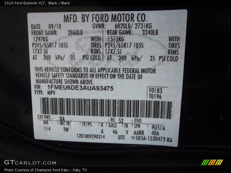 Black / Black 2010 Ford Explorer XLT