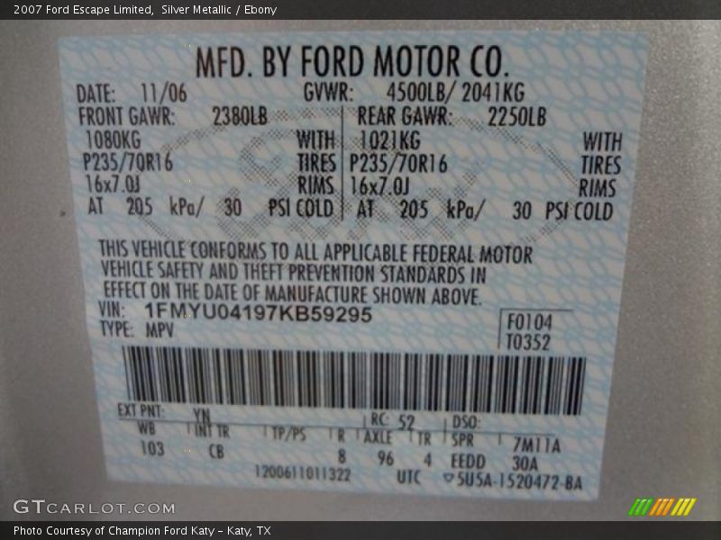 2007 Escape Limited Silver Metallic Color Code YN