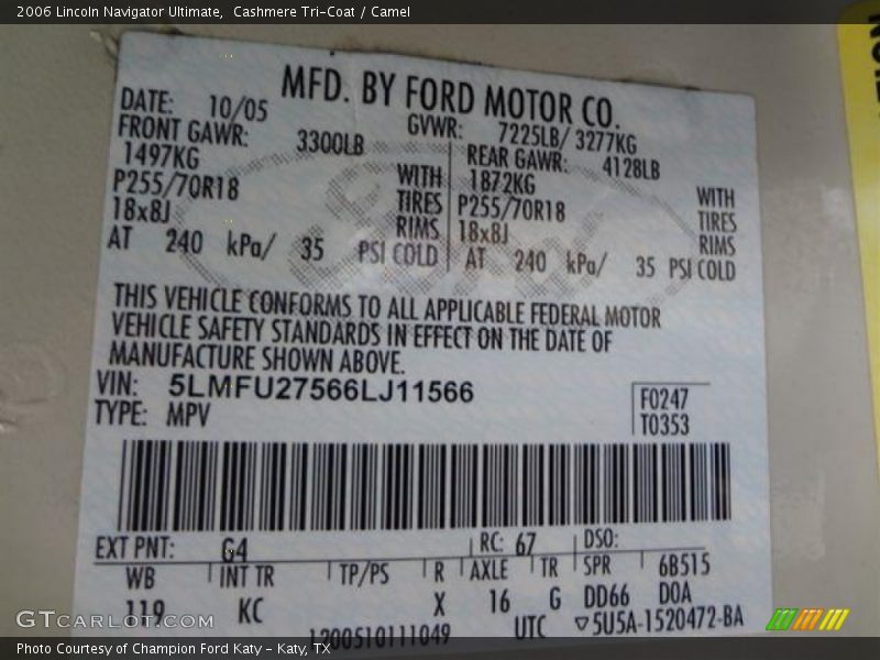 Cashmere Tri-Coat / Camel 2006 Lincoln Navigator Ultimate