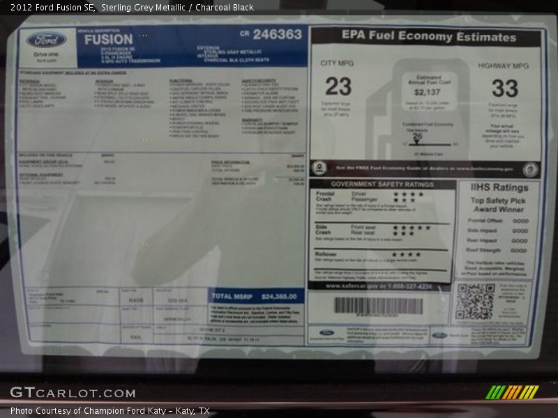 Sterling Grey Metallic / Charcoal Black 2012 Ford Fusion SE