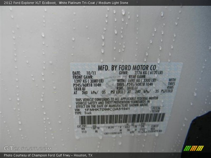 2012 Explorer XLT EcoBoost White Platinum Tri-Coat Color Code UG