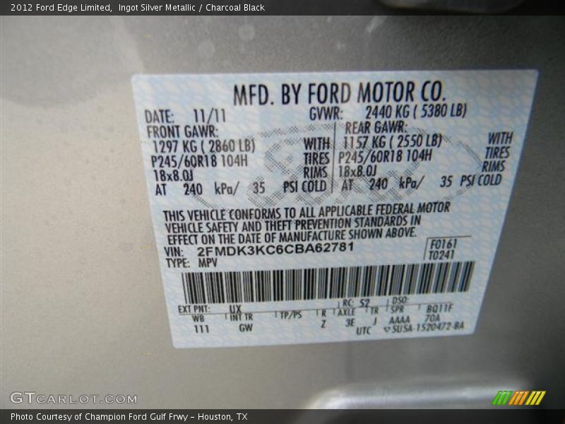 Ingot Silver Metallic / Charcoal Black 2012 Ford Edge Limited