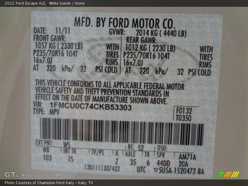 White Suede / Stone 2012 Ford Escape XLS