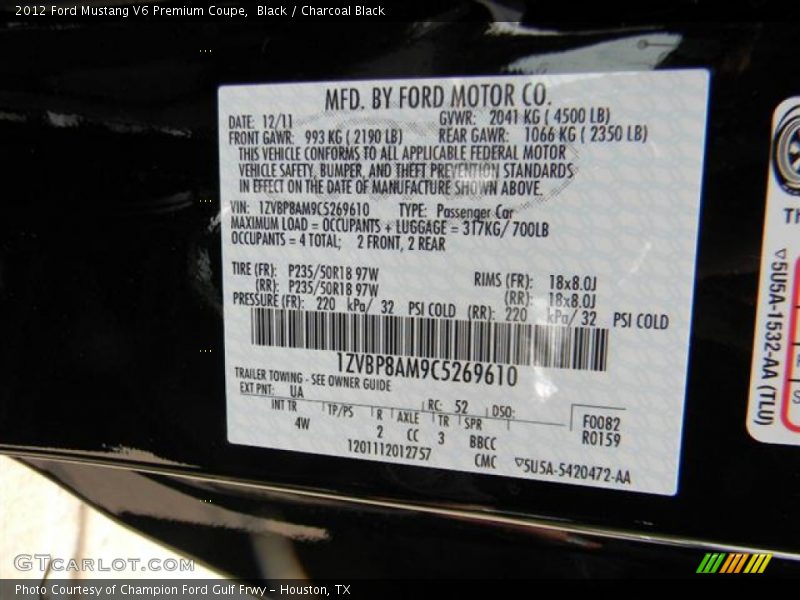 Black / Charcoal Black 2012 Ford Mustang V6 Premium Coupe