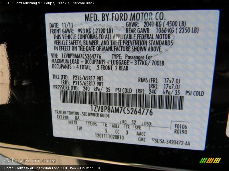 Black / Charcoal Black 2012 Ford Mustang V6 Coupe