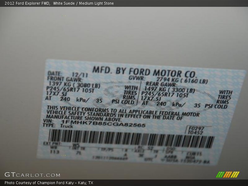 White Suede / Medium Light Stone 2012 Ford Explorer FWD