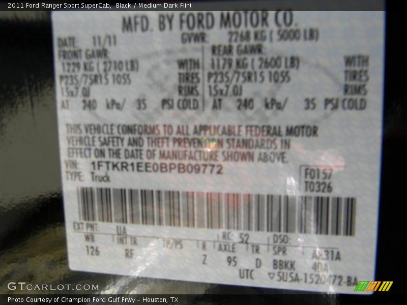 2011 Ranger Sport SuperCab Black Color Code UA