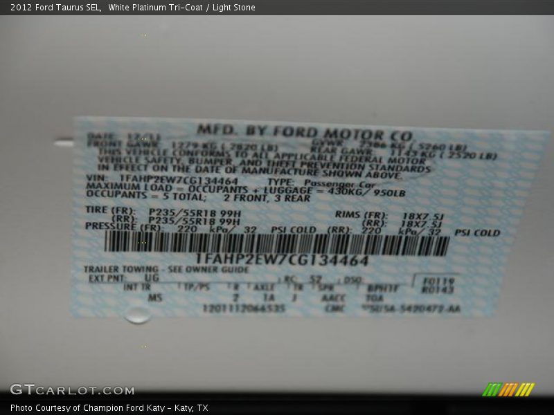 White Platinum Tri-Coat / Light Stone 2012 Ford Taurus SEL