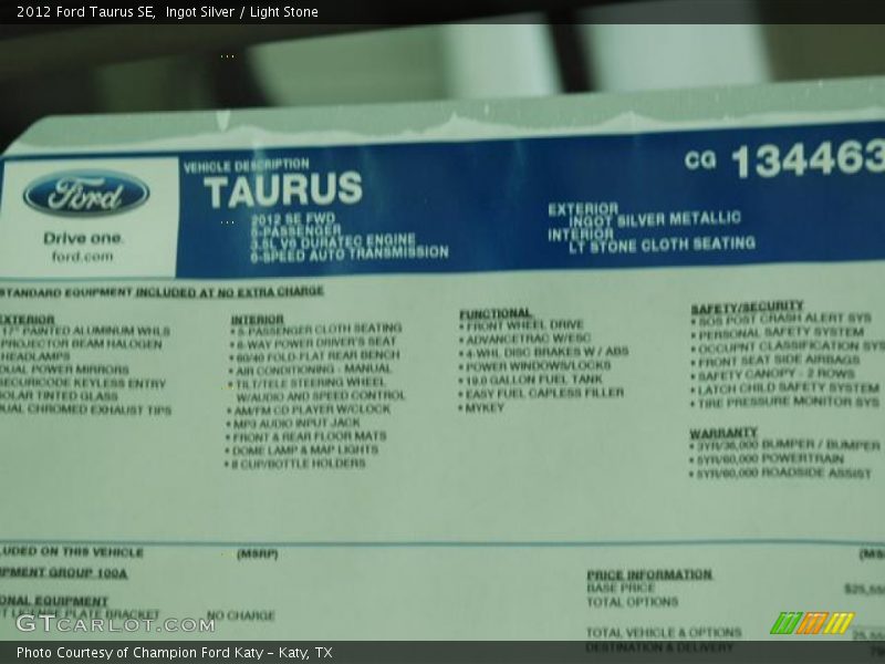  2012 Taurus SE Window Sticker