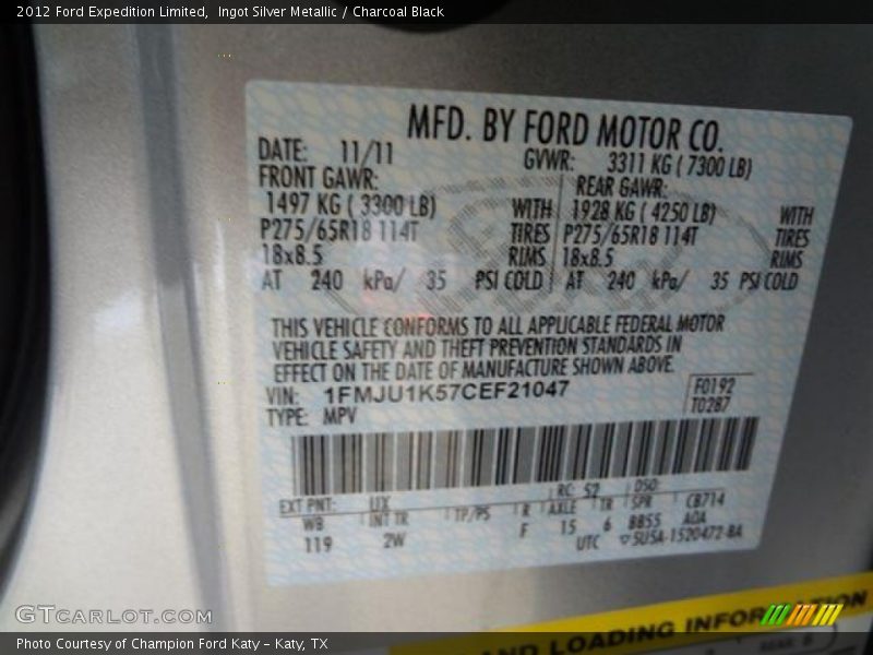 Ingot Silver Metallic / Charcoal Black 2012 Ford Expedition Limited