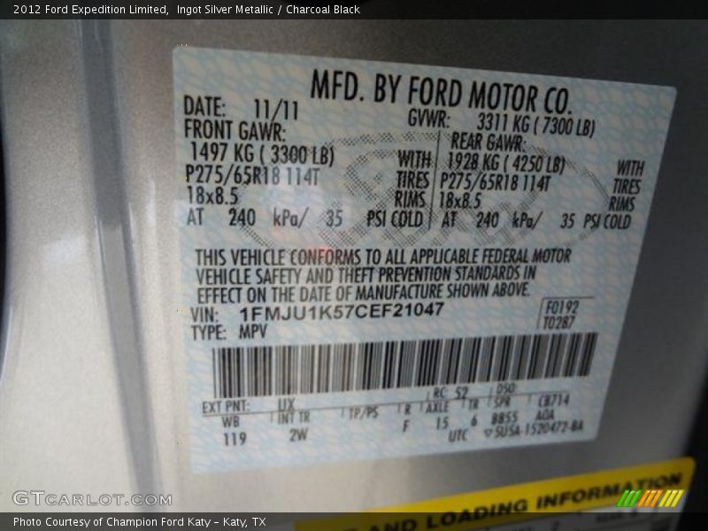 Ingot Silver Metallic / Charcoal Black 2012 Ford Expedition Limited