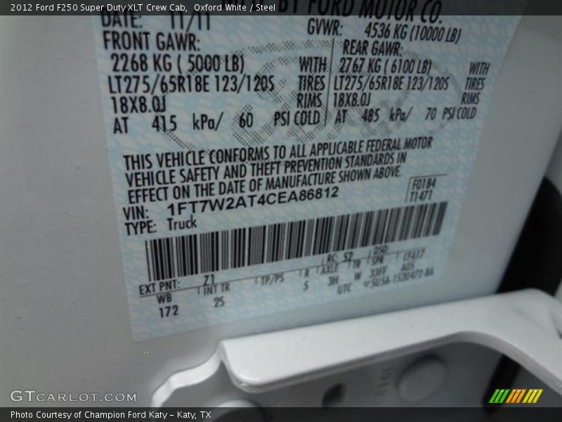 2012 F250 Super Duty XLT Crew Cab Oxford White Color Code Z1