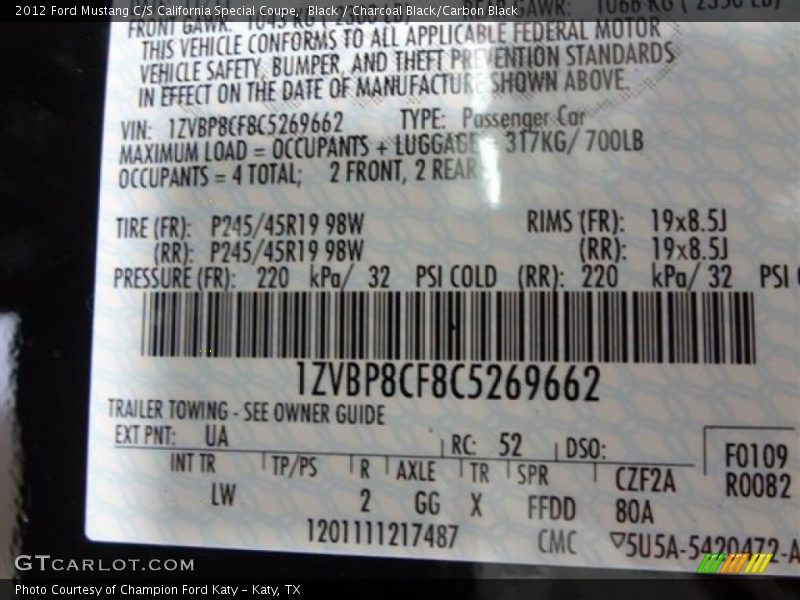 Black / Charcoal Black/Carbon Black 2012 Ford Mustang C/S California Special Coupe
