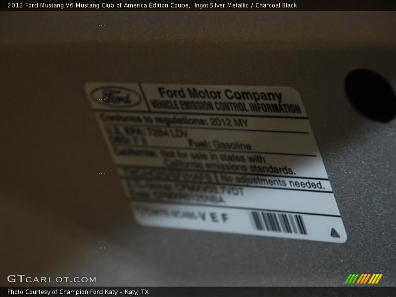 Ingot Silver Metallic / Charcoal Black 2012 Ford Mustang V6 Mustang Club of America Edition Coupe