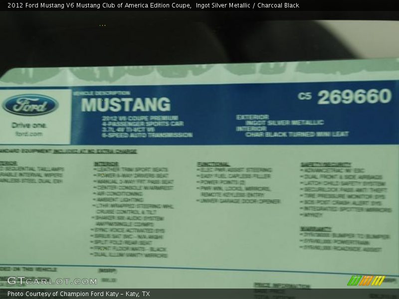  2012 Mustang V6 Mustang Club of America Edition Coupe Window Sticker
