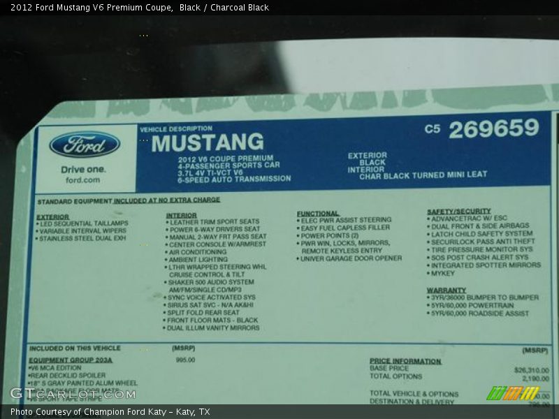 Black / Charcoal Black 2012 Ford Mustang V6 Premium Coupe