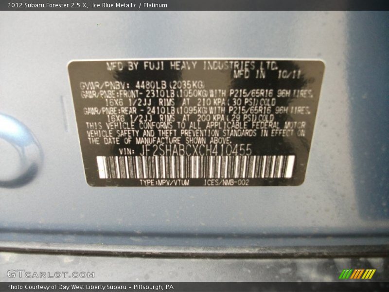 Ice Blue Metallic / Platinum 2012 Subaru Forester 2.5 X