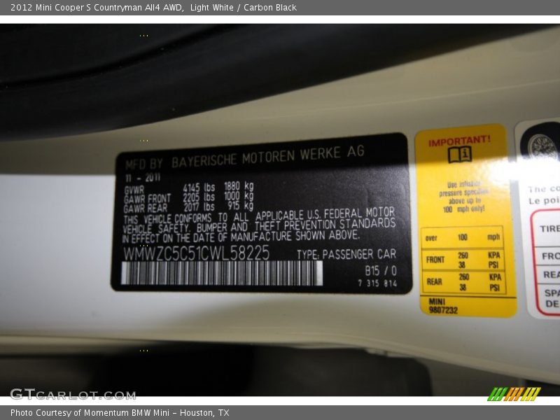 Light White / Carbon Black 2012 Mini Cooper S Countryman All4 AWD