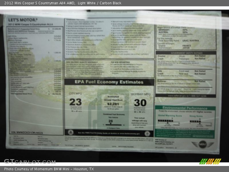 Light White / Carbon Black 2012 Mini Cooper S Countryman All4 AWD