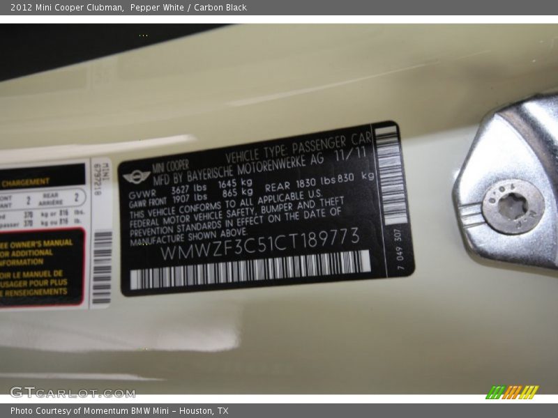 Pepper White / Carbon Black 2012 Mini Cooper Clubman