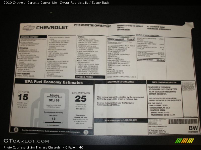  2010 Corvette Convertible Window Sticker