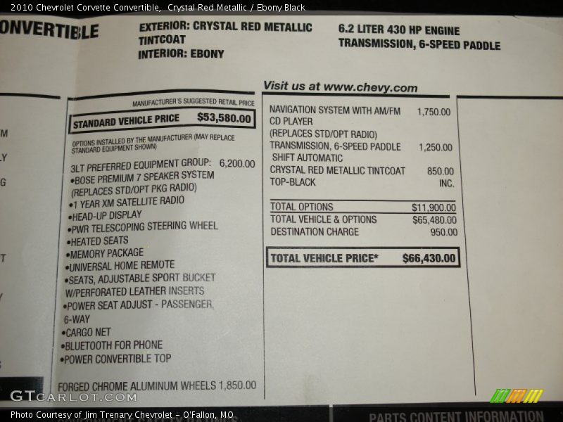  2010 Corvette Convertible Window Sticker