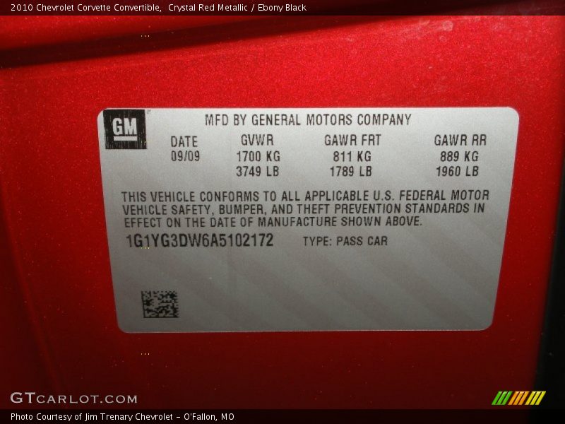 Info Tag of 2010 Corvette Convertible