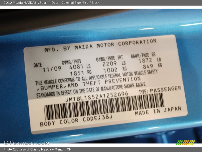 2010 MAZDA3 s Sport 4 Door Celestial Blue Mica Color Code 38J
