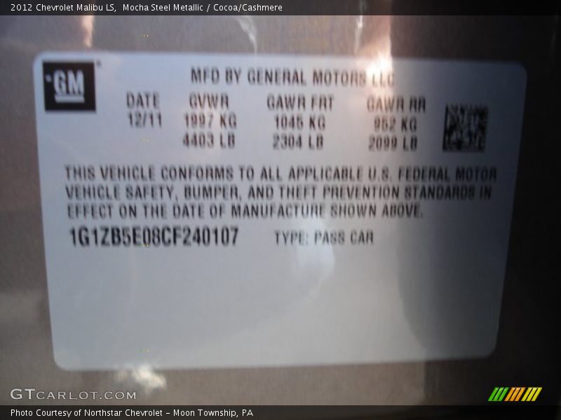 Mocha Steel Metallic / Cocoa/Cashmere 2012 Chevrolet Malibu LS