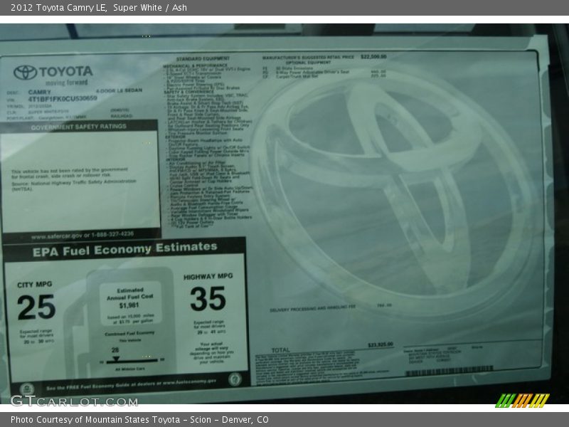 Super White / Ash 2012 Toyota Camry LE