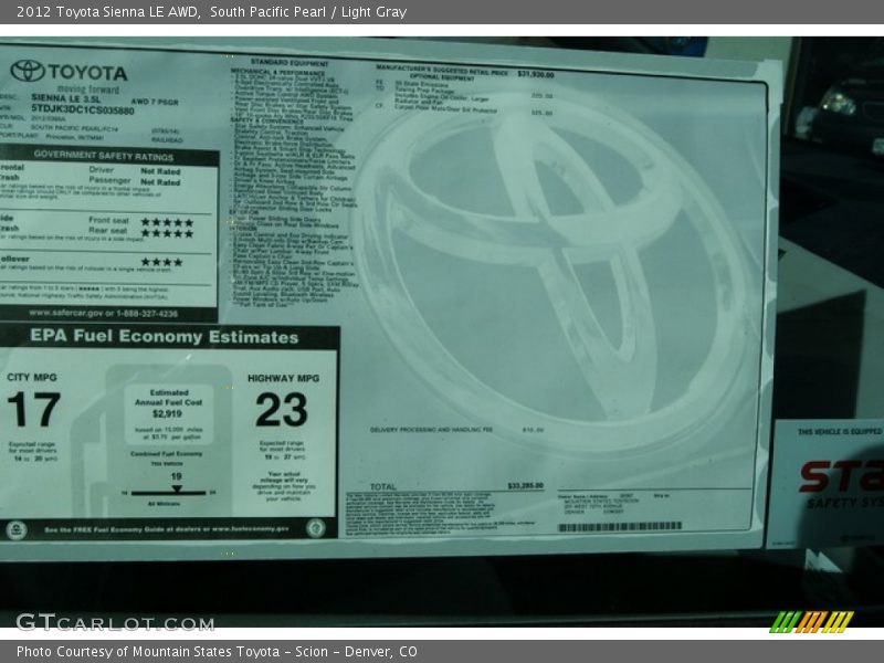 South Pacific Pearl / Light Gray 2012 Toyota Sienna LE AWD