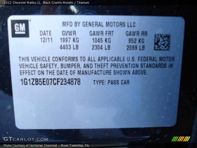 Black Granite Metallic / Titanium 2012 Chevrolet Malibu LS