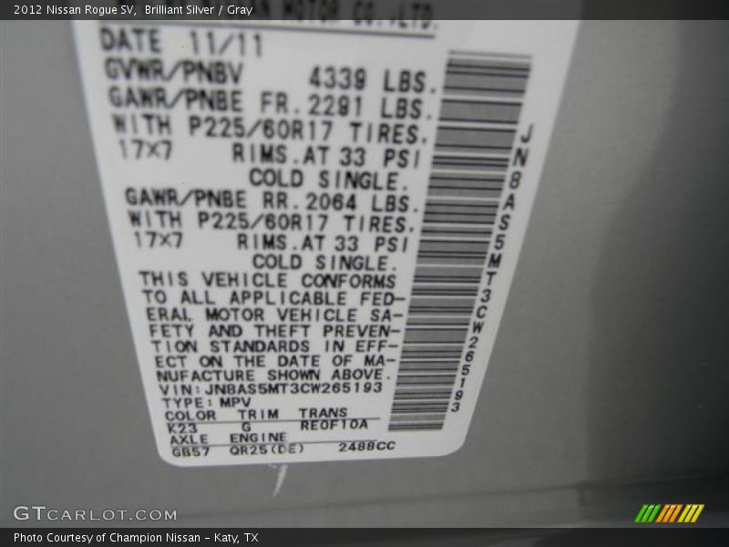 Brilliant Silver / Gray 2012 Nissan Rogue SV
