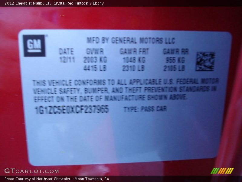 Crystal Red Tintcoat / Ebony 2012 Chevrolet Malibu LT