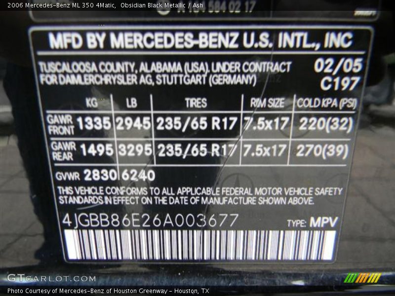 Obsidian Black Metallic / Ash 2006 Mercedes-Benz ML 350 4Matic