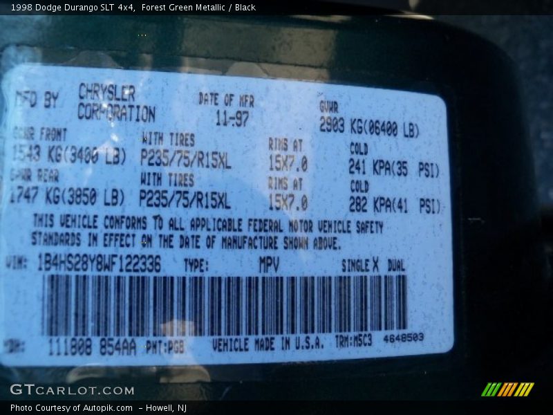 Forest Green Metallic / Black 1998 Dodge Durango SLT 4x4