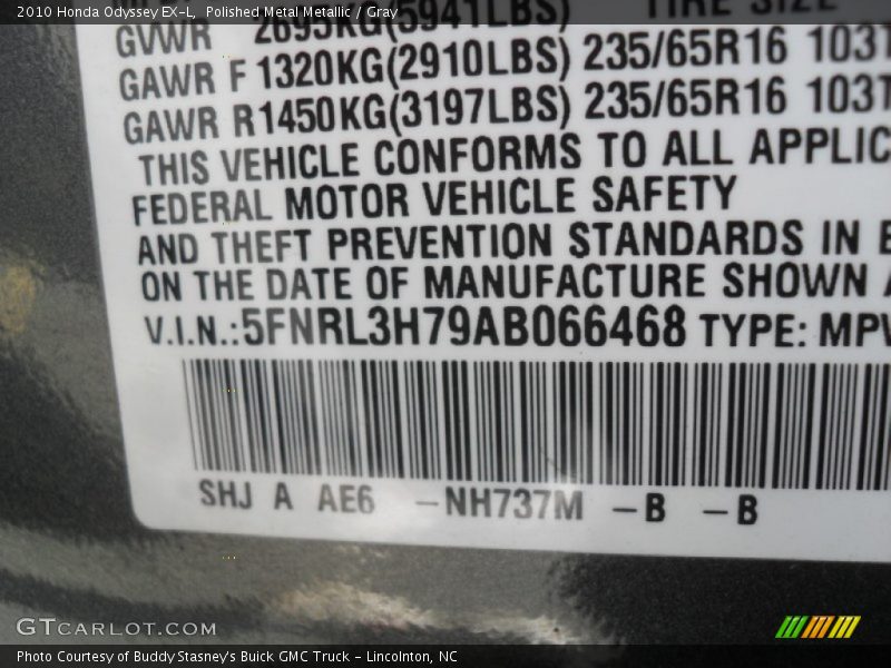 Polished Metal Metallic / Gray 2010 Honda Odyssey EX-L